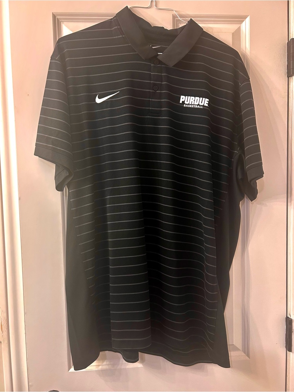 Nike Black Polo with Thin Gray Stripes - Purdue Basketball Logo